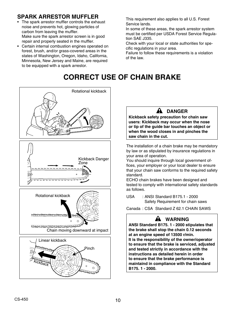 Correct use of chain brake, Spark arrestor muffler | Echo X7503196704 User Manual | Page 10 / 36