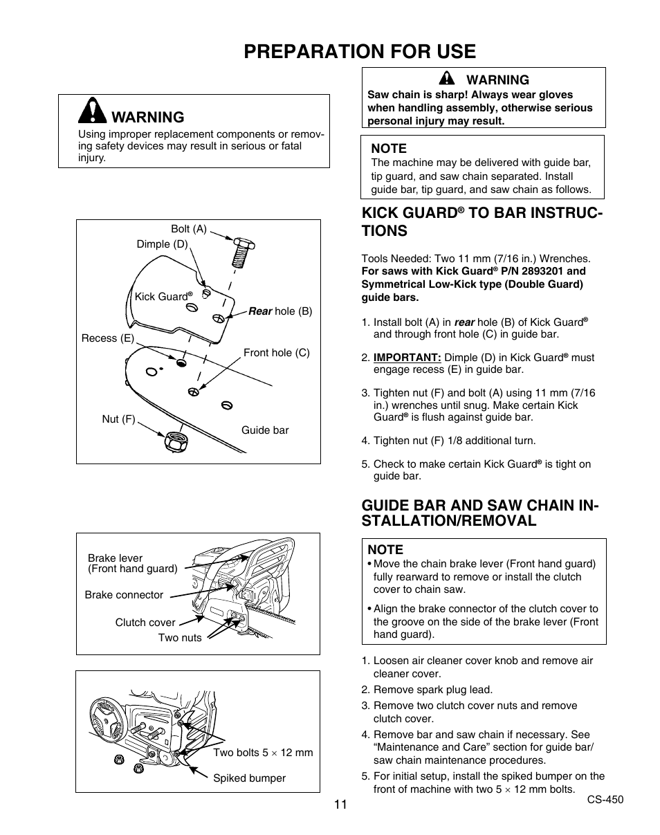 Preparation for use, Kick guard, Guide bar and saw chain in- stallation/removal | Warning | Echo X7503196704 User Manual | Page 11 / 36