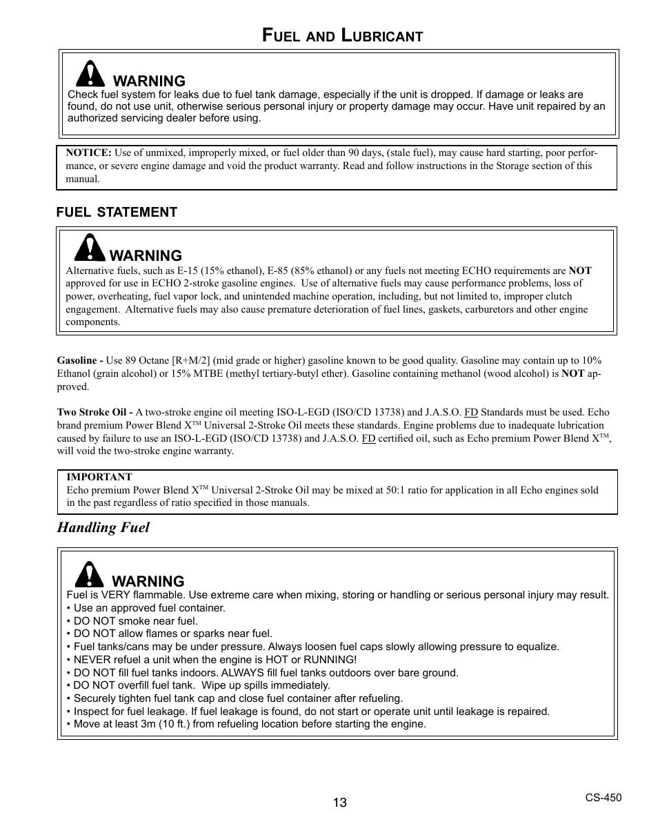 Warning, Handling fuel | Echo X7503196704 User Manual | Page 13 / 36
