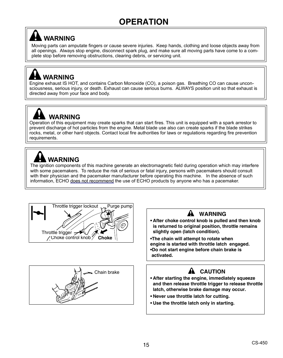 Operation, Warning | Echo X7503196704 User Manual | Page 15 / 36