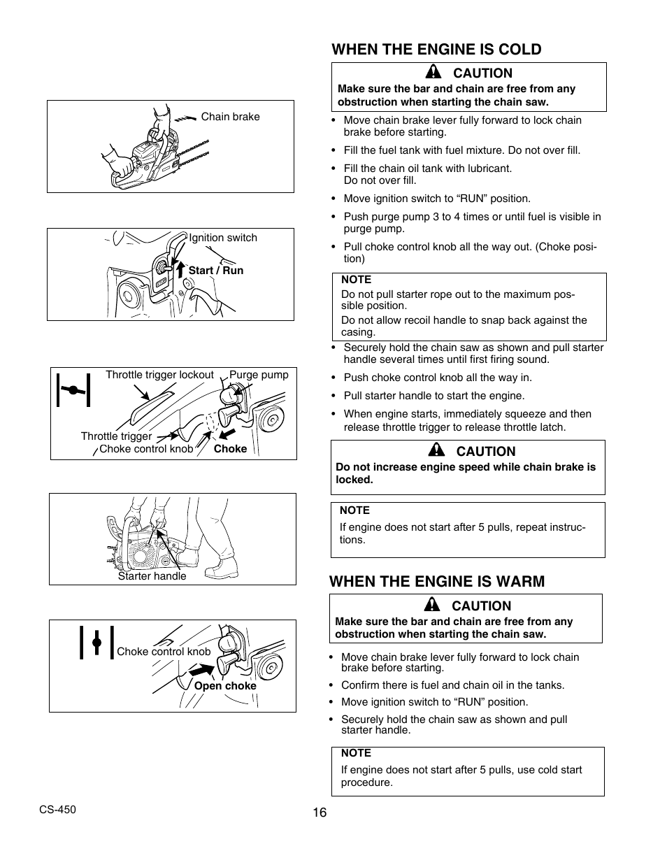 When the engine is warm, When the engine is cold | Echo X7503196704 User Manual | Page 16 / 36