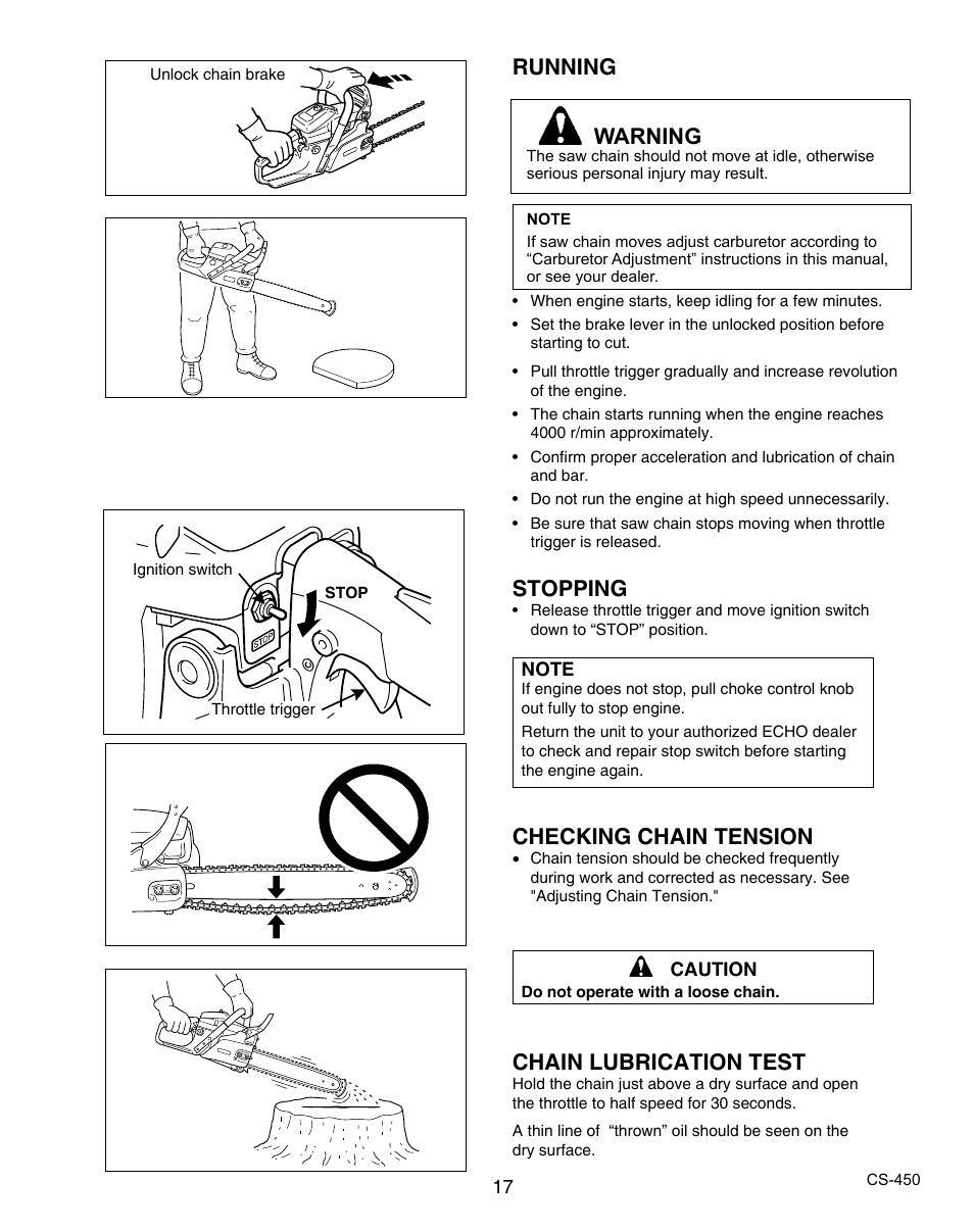 Running warning, Chain lubrication test, Checking chain tension | Stopping | Echo X7503196704 User Manual | Page 17 / 36