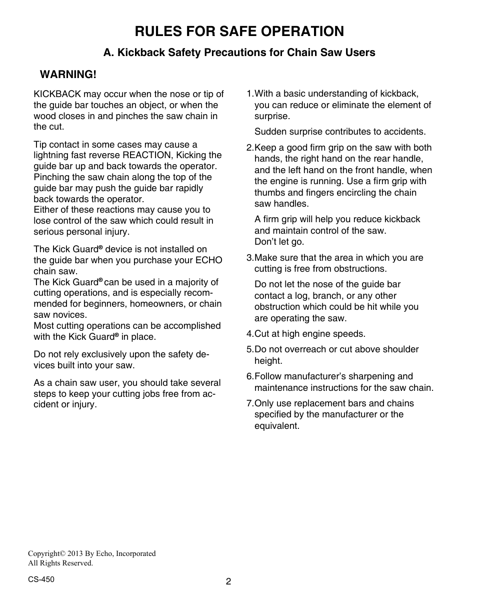 Rules for safe operation | Echo X7503196704 User Manual | Page 2 / 36