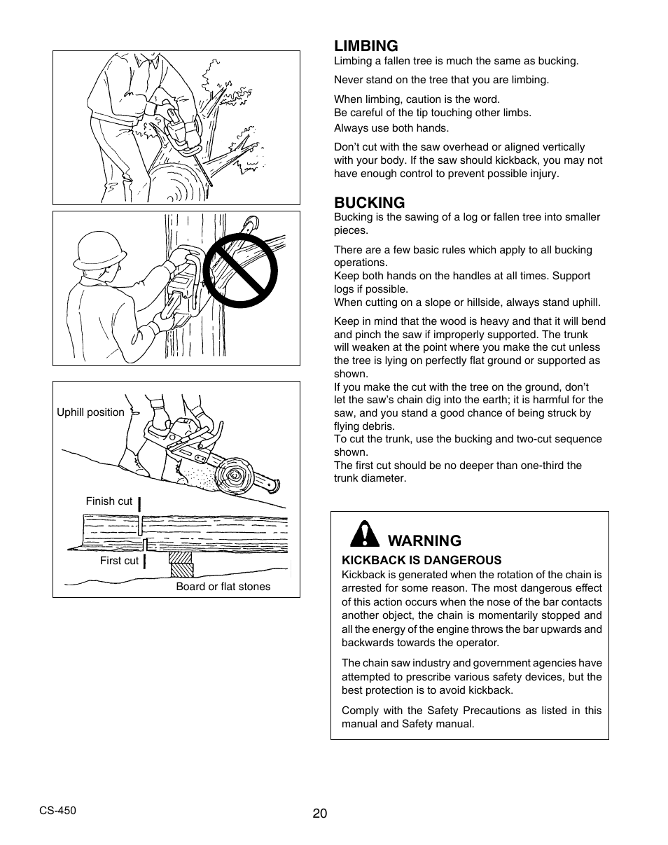 Limbing, Bucking, Warning | Echo X7503196704 User Manual | Page 20 / 36