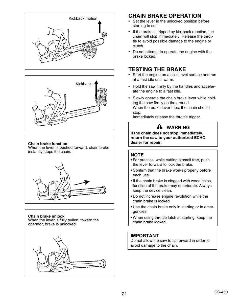 Chain brake operation, Testing the brake | Echo X7503196704 User Manual | Page 21 / 36