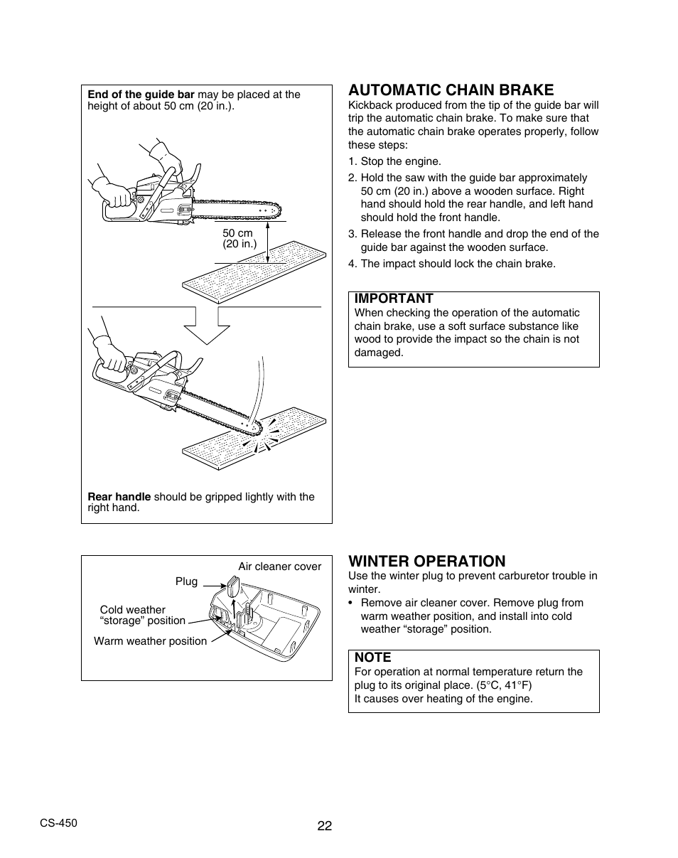 Automatic chain brake, Winter operation | Echo X7503196704 User Manual | Page 22 / 36