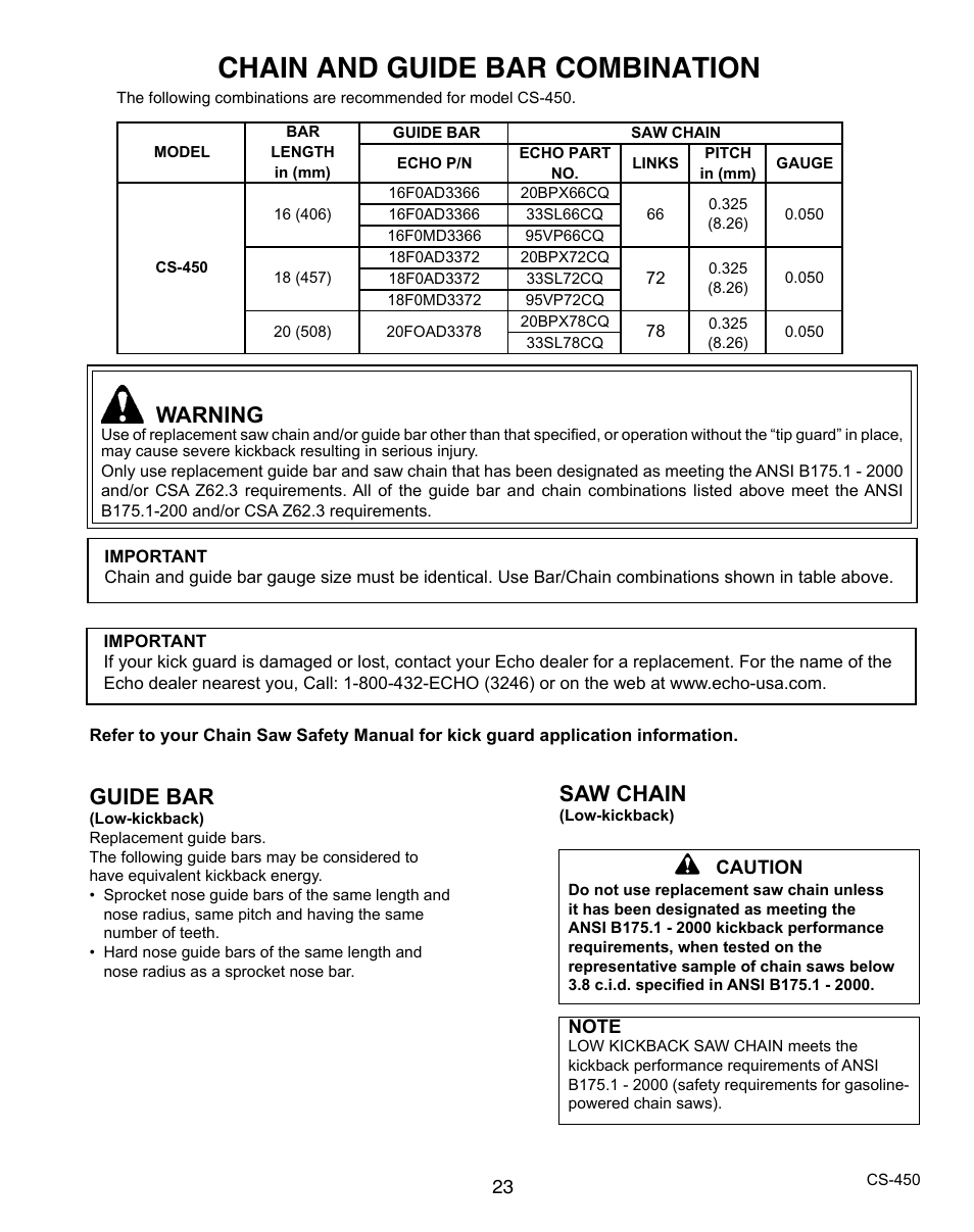 Chain and guide bar combination, Warning, Saw chain | Guide bar | Echo X7503196704 User Manual | Page 23 / 36