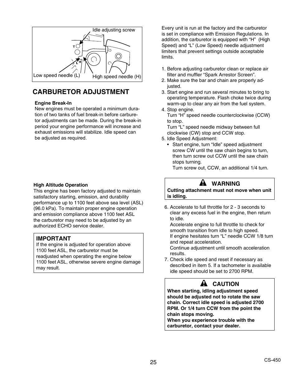 Carburetor adjustment | Echo X7503196704 User Manual | Page 25 / 36