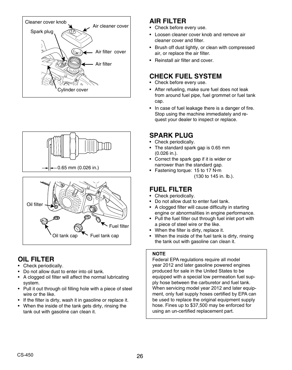 Air filter, Check fuel system, Spark plug | Fuel filter, Oil filter | Echo X7503196704 User Manual | Page 26 / 36