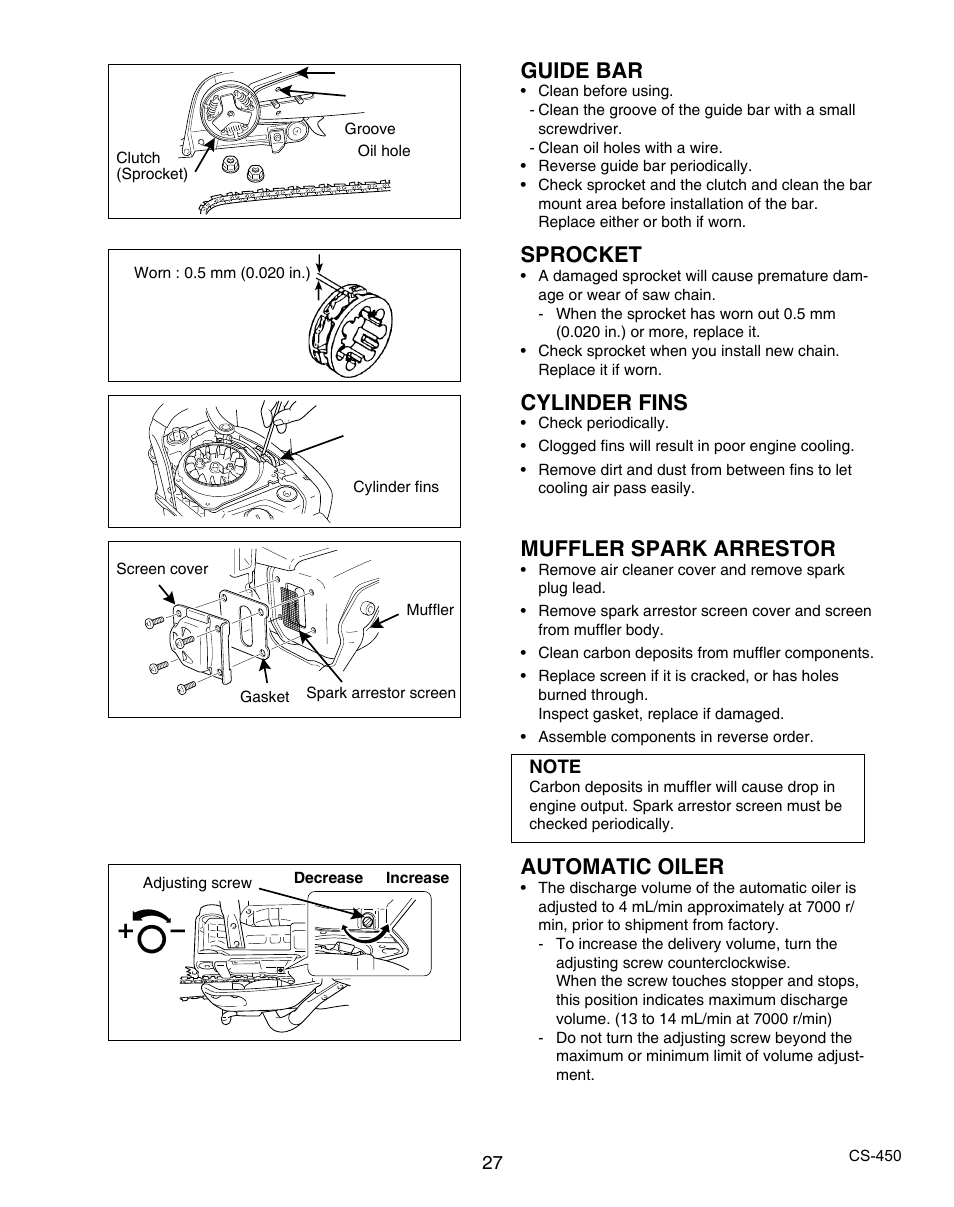 Guide bar, Sprocket, Cylinder fins | Muffler spark arrestor, Automatic oiler | Echo X7503196704 User Manual | Page 27 / 36