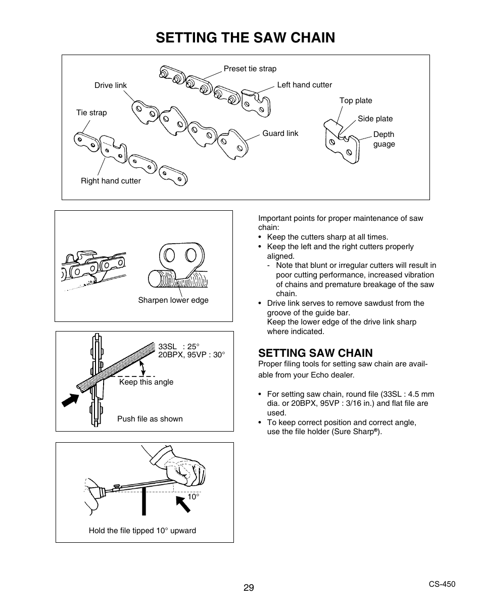 Setting the saw chain, Setting saw chain | Echo X7503196704 User Manual | Page 29 / 36