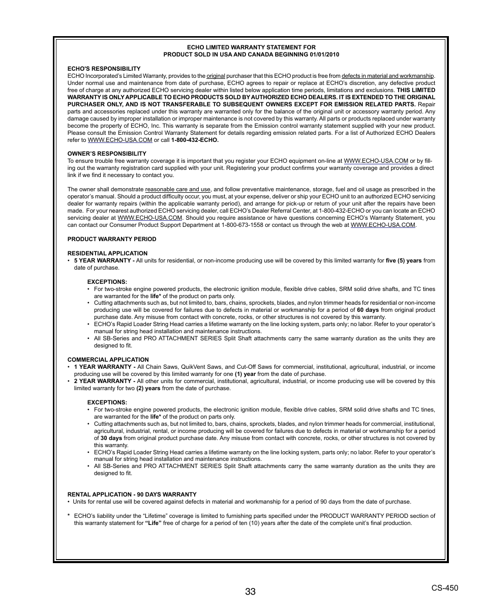 Cs-450 | Echo X7503196704 User Manual | Page 33 / 36