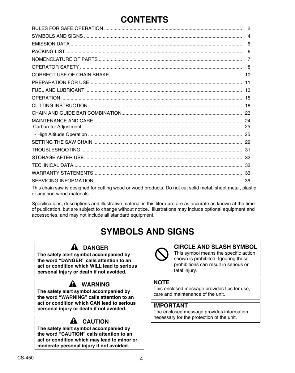 Symbols and signs contents | Echo X7503196704 User Manual | Page 4 / 36