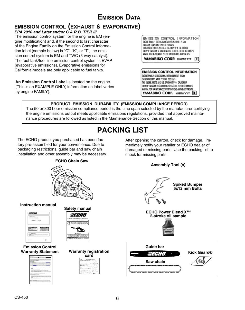 Packing list, Mission, Emission | Control, Exhaust, Evaporative | Echo X7503196704 User Manual | Page 6 / 36
