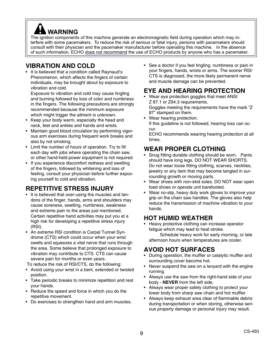 Vibration and cold, Repetitive stress injury, Eye and hearing protection | Wear proper clothing, Hot humid weather, Avoid hot surfaces, Warning | Echo X7503196704 User Manual | Page 9 / 36