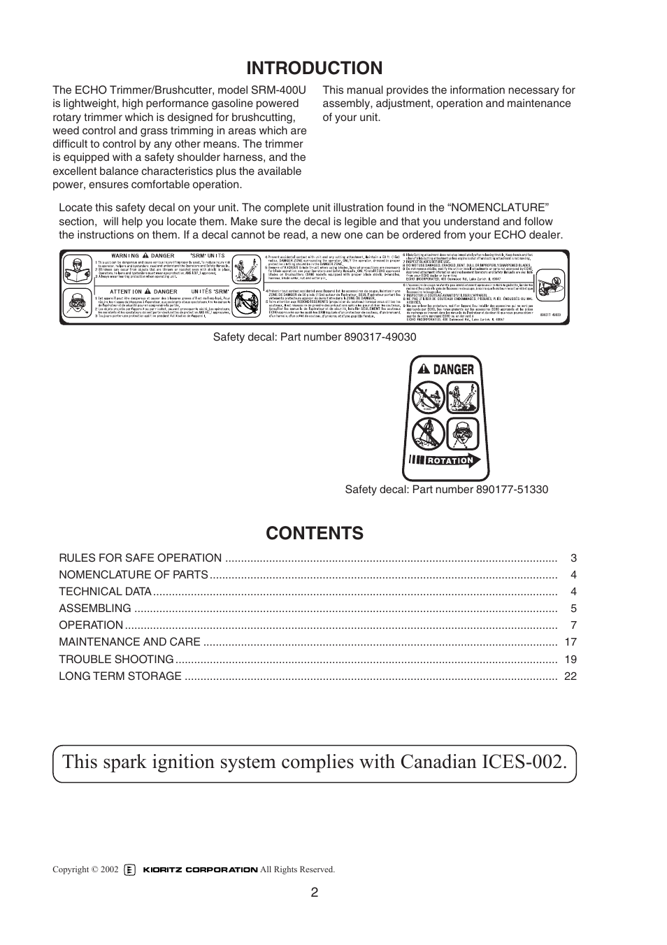 Echo SRM-400U User Manual | Page 2 / 22