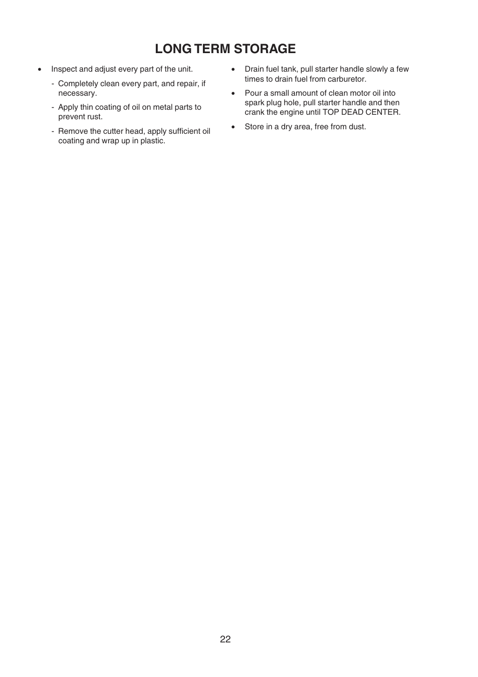 Long term storage | Echo SRM-400U User Manual | Page 22 / 22