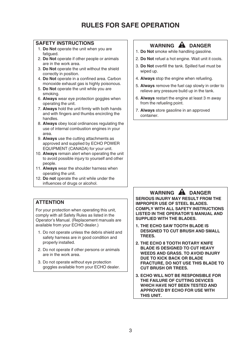 Rules for safe operation | Echo SRM-400U User Manual | Page 3 / 22