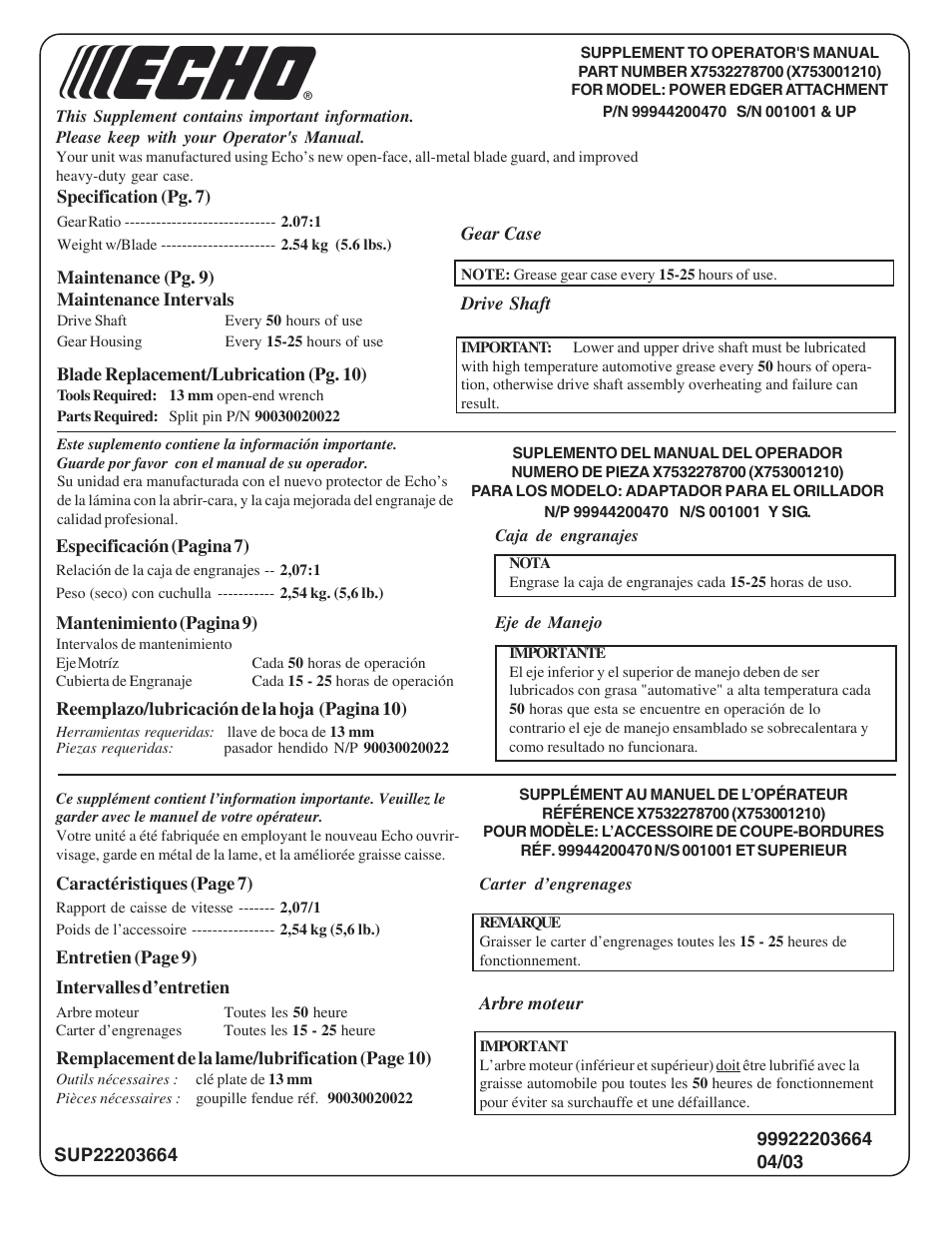 Echo POWER EDGER ATTACHMENT 99944200470 User Manual | Page 13 / 13