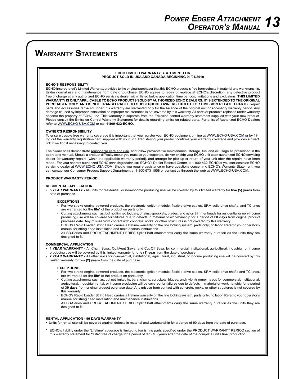 Ower, Dger, Ttachment | Perator, Anual, Arranty, Tatements | Echo SRM-2400SB User Manual | Page 13 / 16