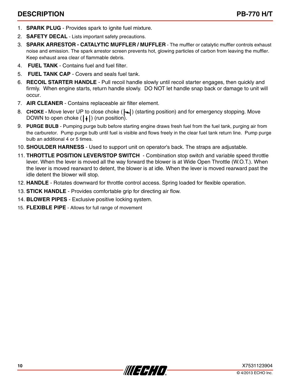 Description pb-770 h/t | Echo PB-770H User Manual | Page 10 / 36