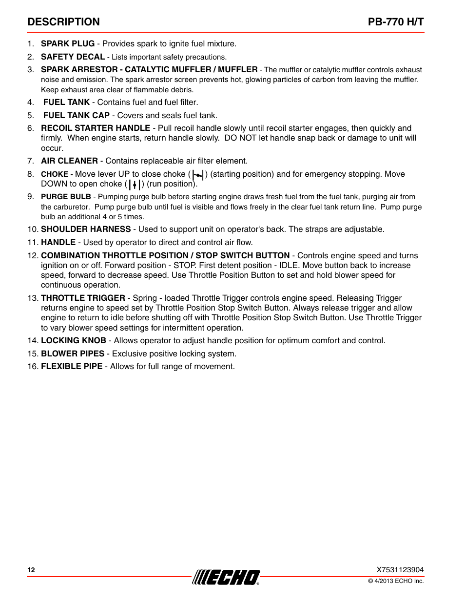 Description pb-770 h/t | Echo PB-770H User Manual | Page 12 / 36