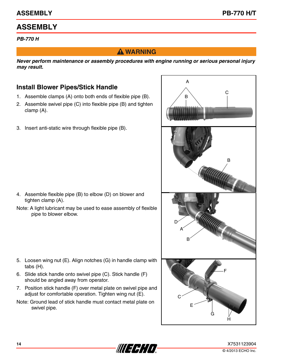 Assembly, Install blower pipes/stick handle, Assembly pb-770 h/t | Echo PB-770H User Manual | Page 14 / 36