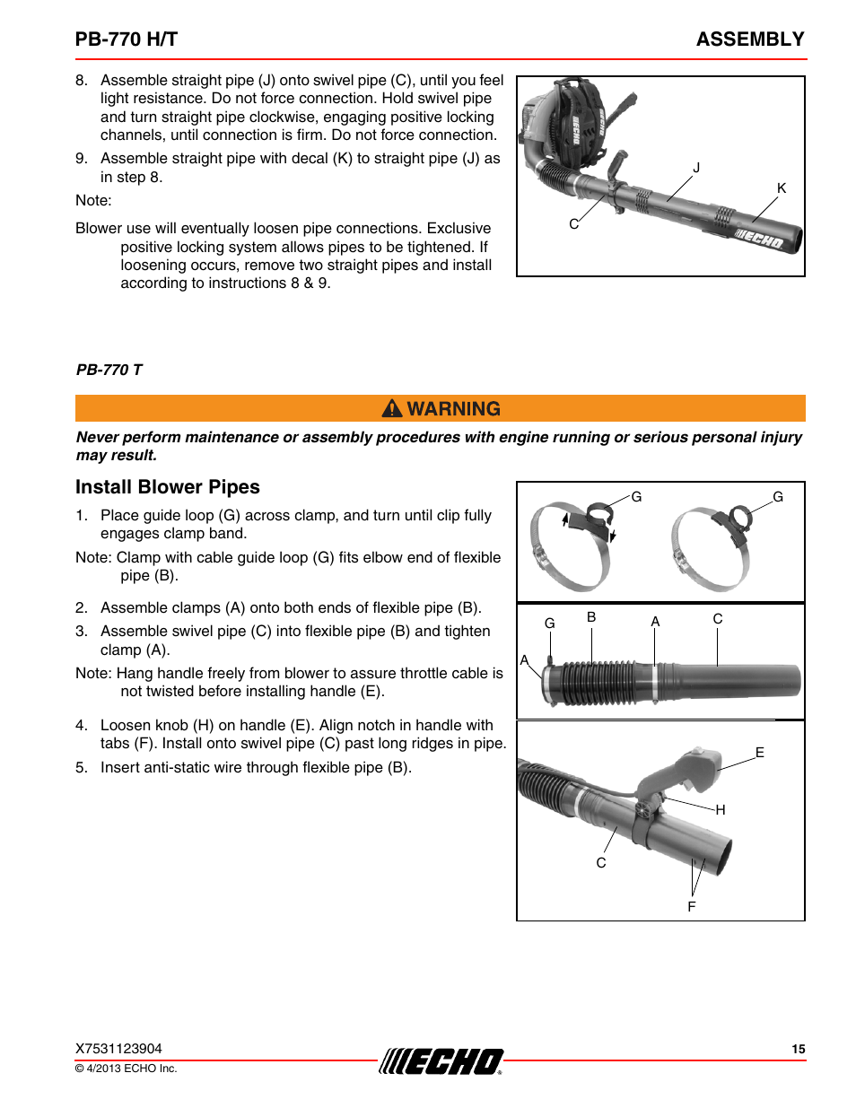 Install blower pipes, Pb-770 h/t assembly | Echo PB-770H User Manual | Page 15 / 36