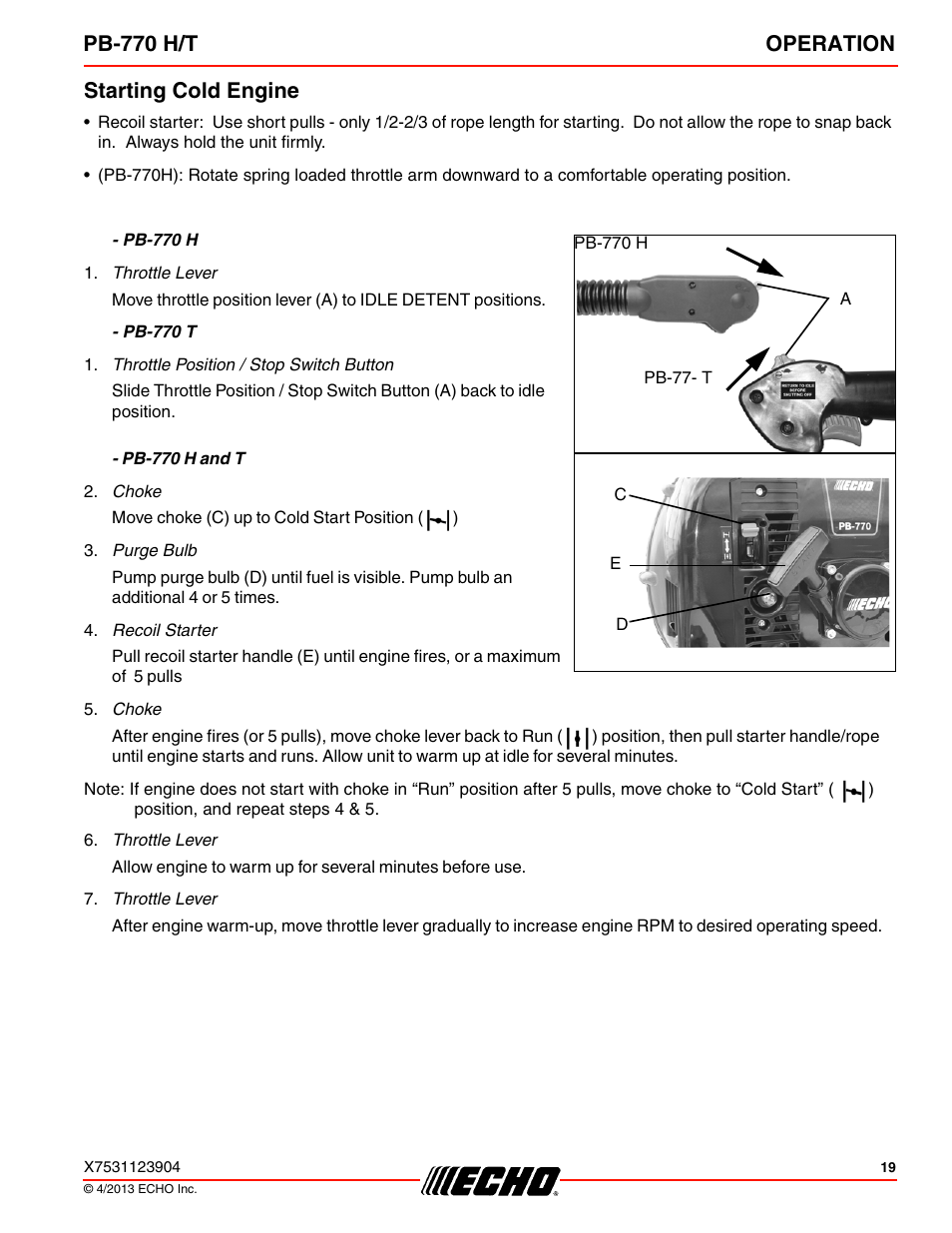 Starting cold engine, Pb-770 h/t operation | Echo PB-770H User Manual | Page 19 / 36