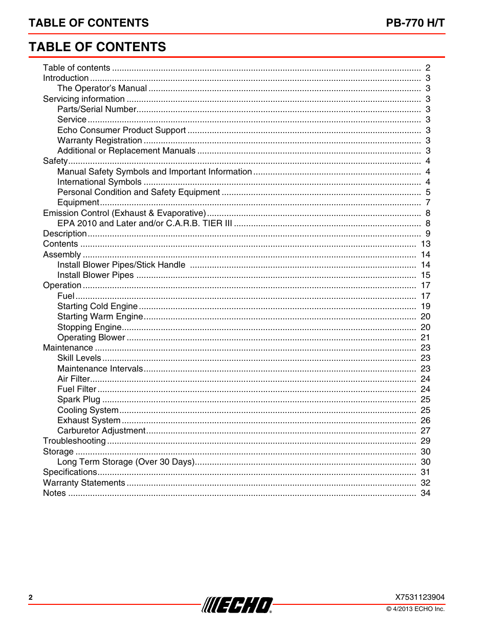 Echo PB-770H User Manual | Page 2 / 36