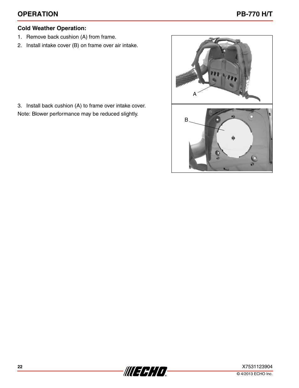 Cold weather operation, Operation pb-770 h/t | Echo PB-770H User Manual | Page 22 / 36