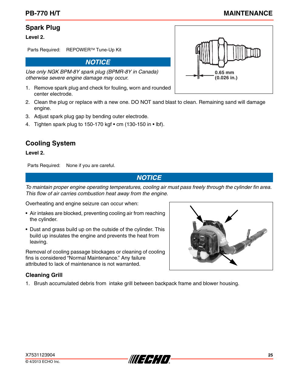 Spark plug, Cooling system, Cleaning grill | Spark plug cooling system, Pb-770 h/t maintenance | Echo PB-770H User Manual | Page 25 / 36