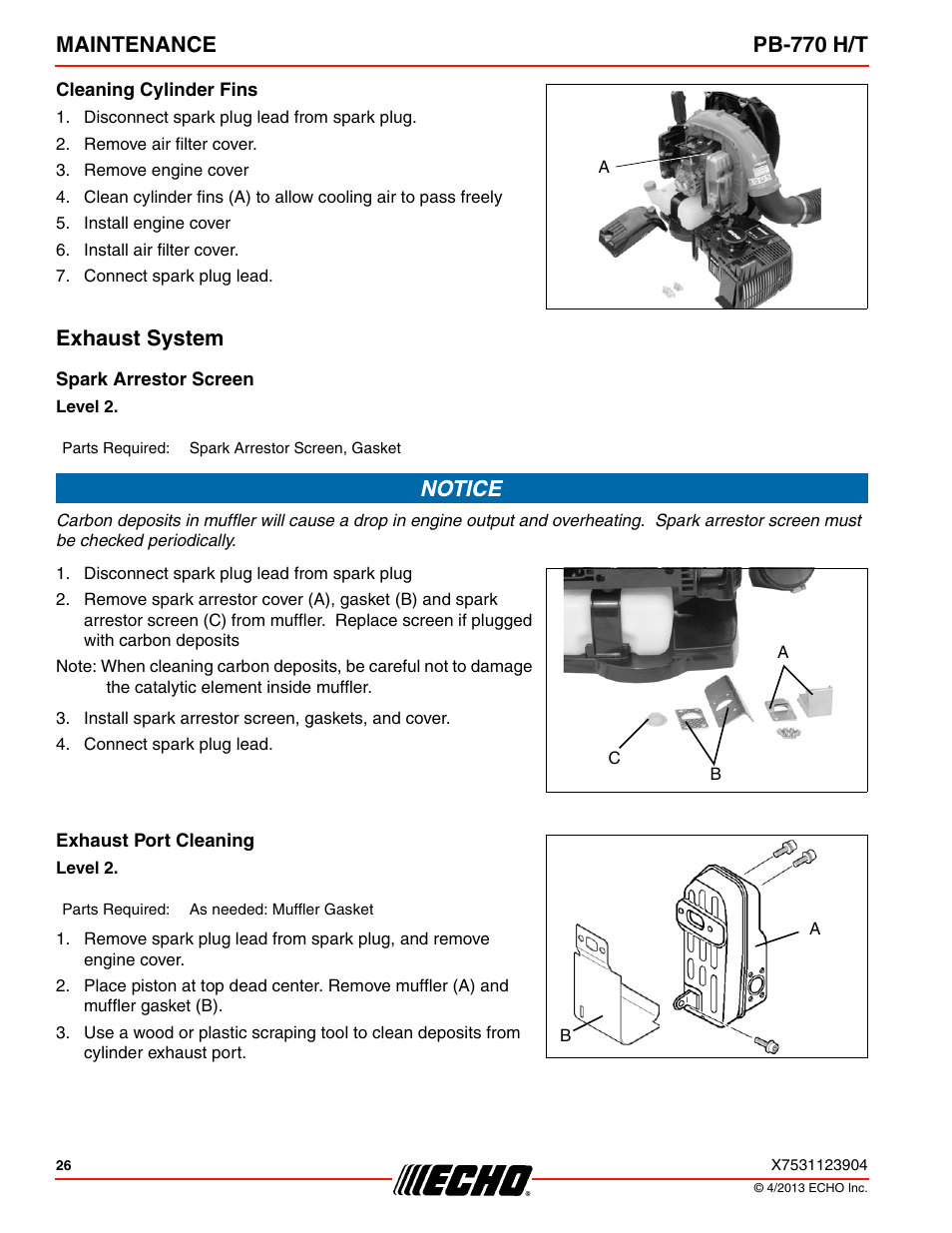 Cleaning cylinder fins, Exhaust system, Spark arrestor screen | Exhaust port cleaning, Maintenance pb-770 h/t | Echo PB-770H User Manual | Page 26 / 36