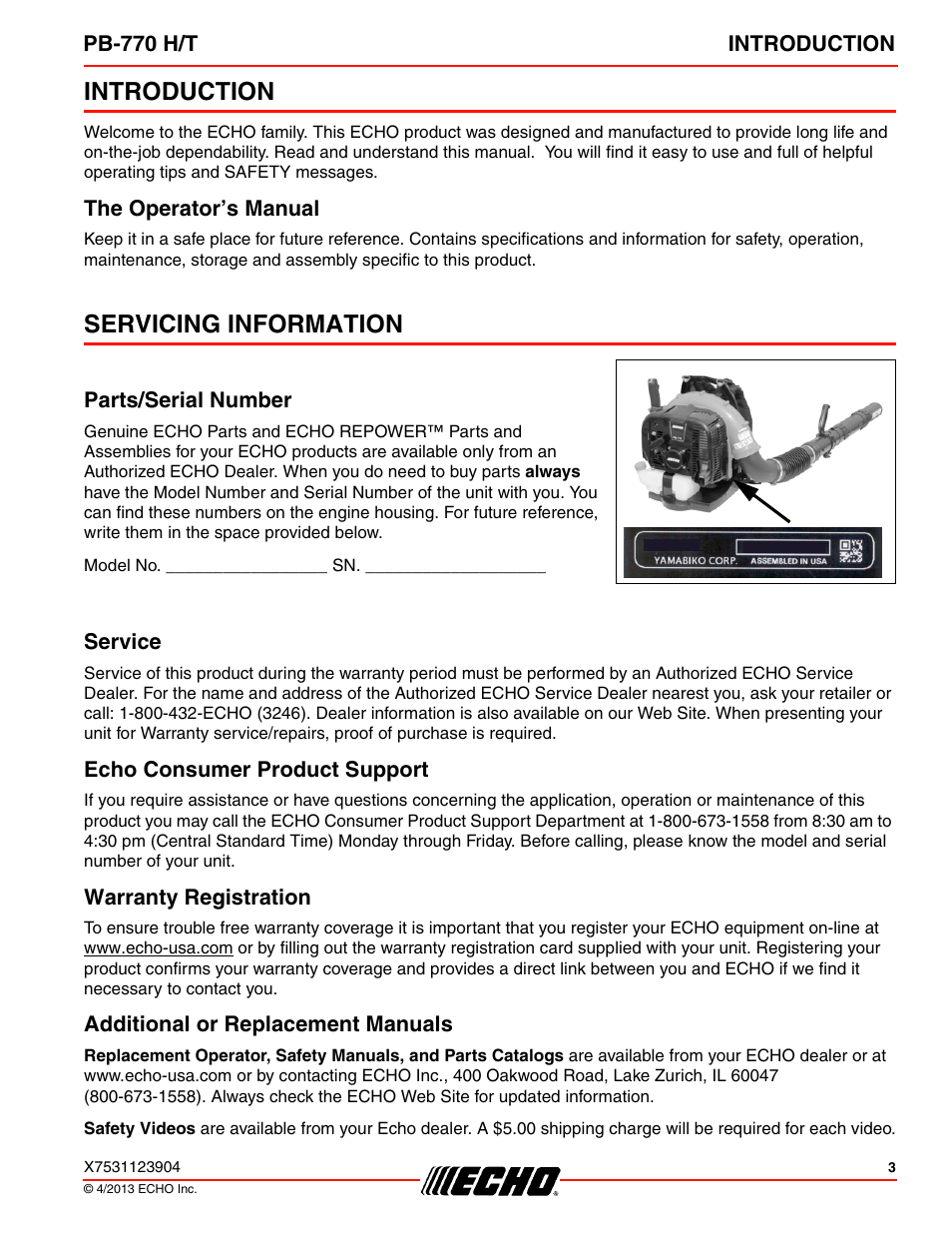 Introduction, The operator’s manual, Servicing information | Parts/serial number, Service, Echo consumer product support, Warranty registration, Additional or replacement manuals | Echo PB-770H User Manual | Page 3 / 36