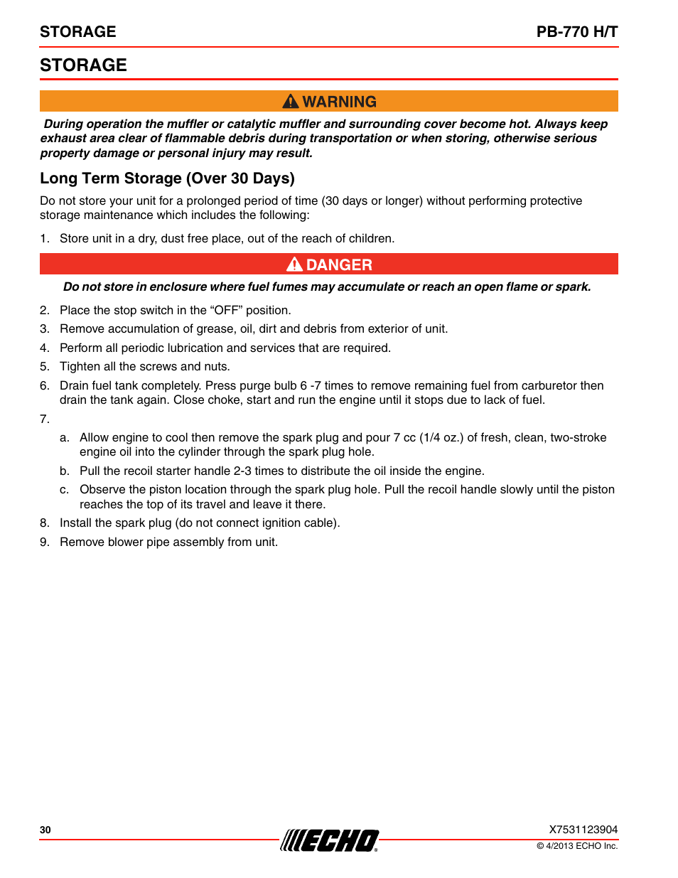 Storage, Long term storage (over 30 days), Storage pb-770 h/t | Echo PB-770H User Manual | Page 30 / 36