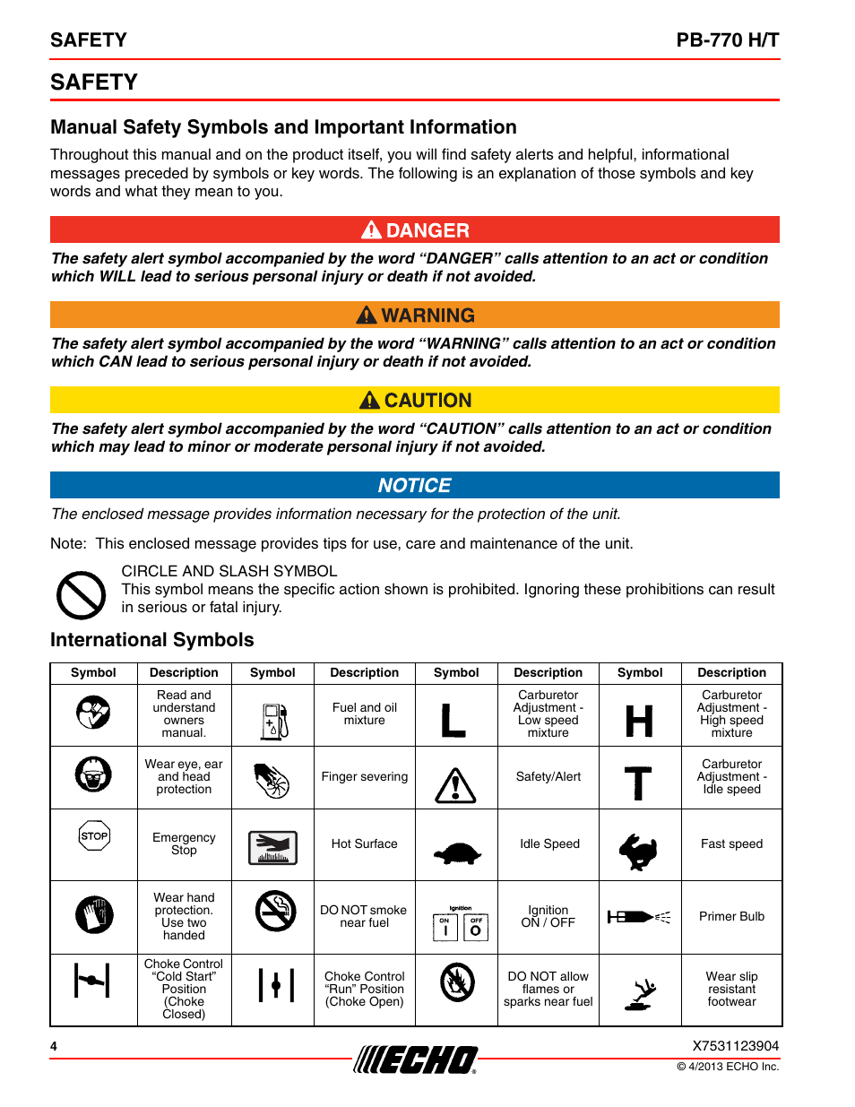 Safety, Manual safety symbols and important information, International symbols | Safety pb-770 h/t | Echo PB-770H User Manual | Page 4 / 36