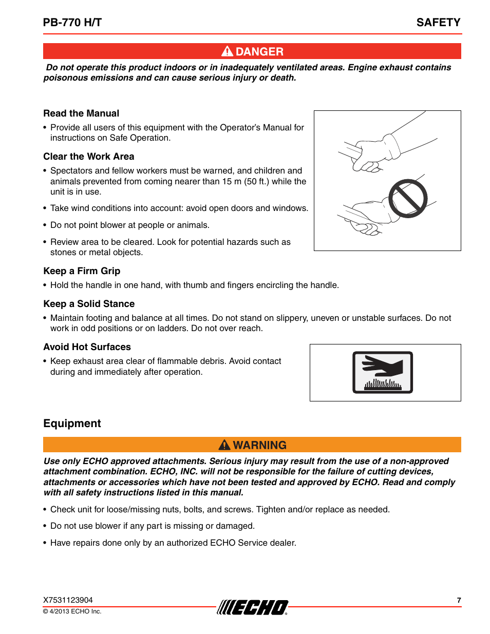 Read the manual, Clear the work area, Keep a firm grip | Keep a solid stance, Avoid hot surfaces, Equipment, Pb-770 h/t safety | Echo PB-770H User Manual | Page 7 / 36