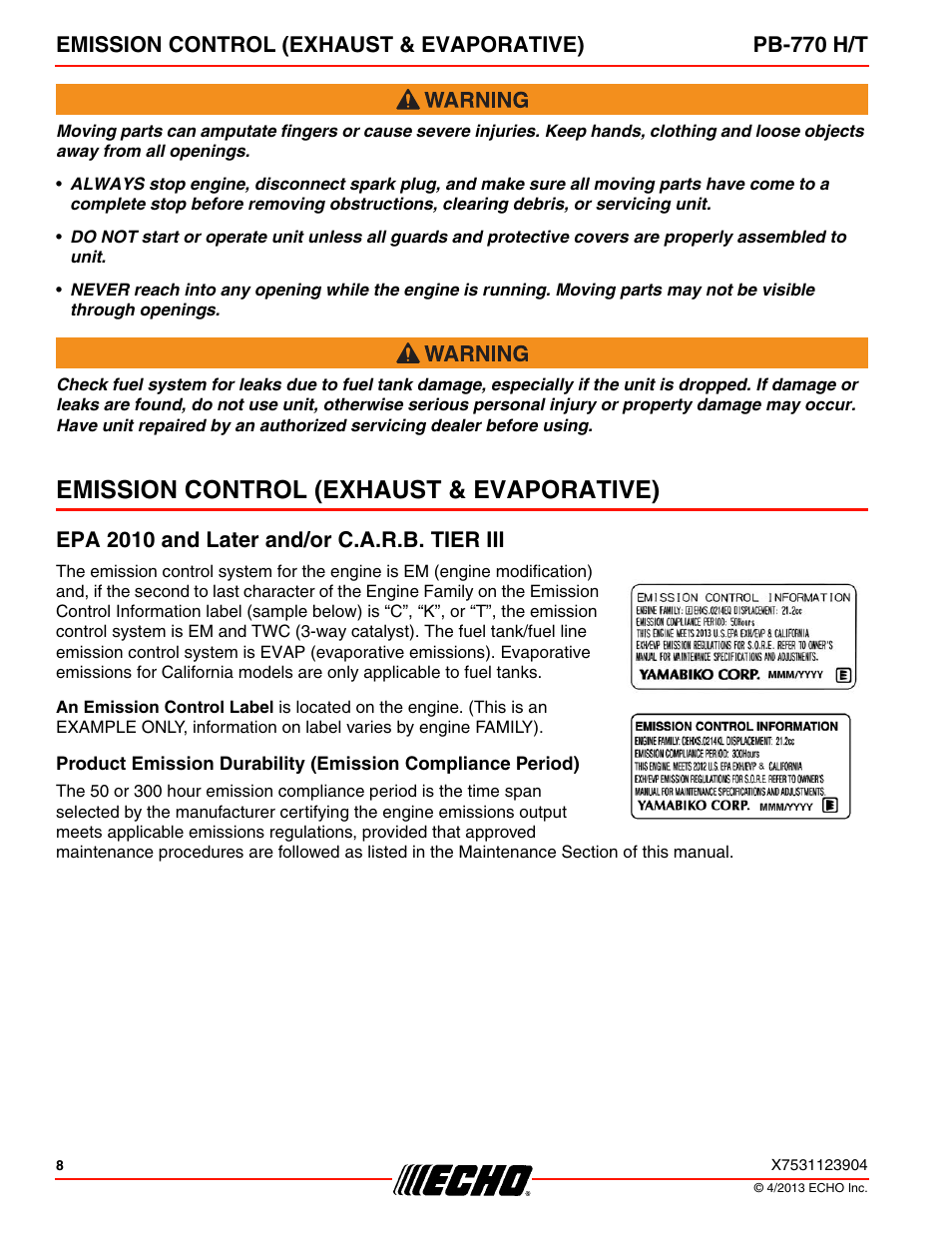 Emission control (exhaust & evaporative), Epa 2010 and later and/or c.a.r.b. tier iii | Echo PB-770H User Manual | Page 8 / 36