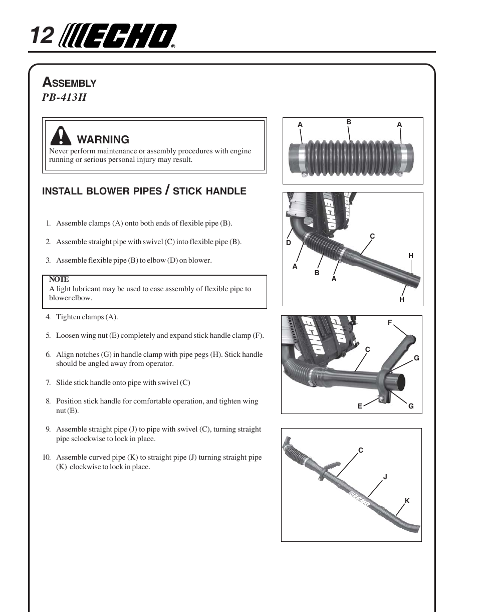 Assembly, Install blower pipes / stick handle, Pb-413h warning | Echo PB-413H User Manual | Page 12 / 28