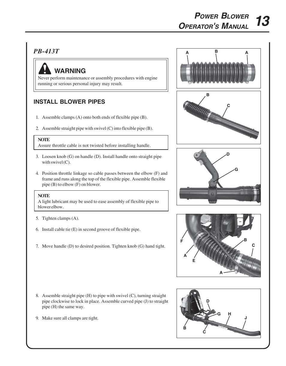 Install blower pipes | Echo PB-413H User Manual | Page 13 / 28