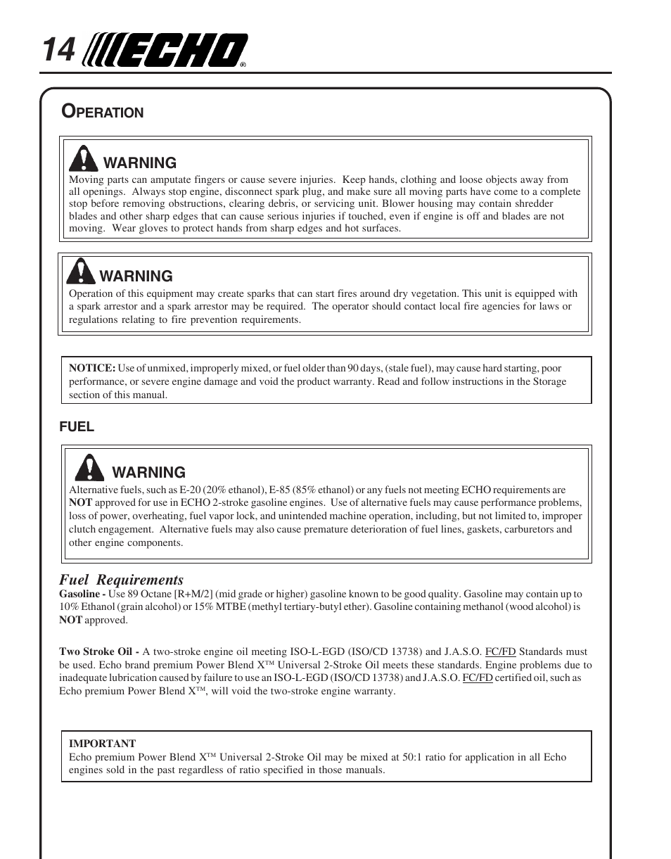 Operation, Fuel | Echo PB-413H User Manual | Page 14 / 28