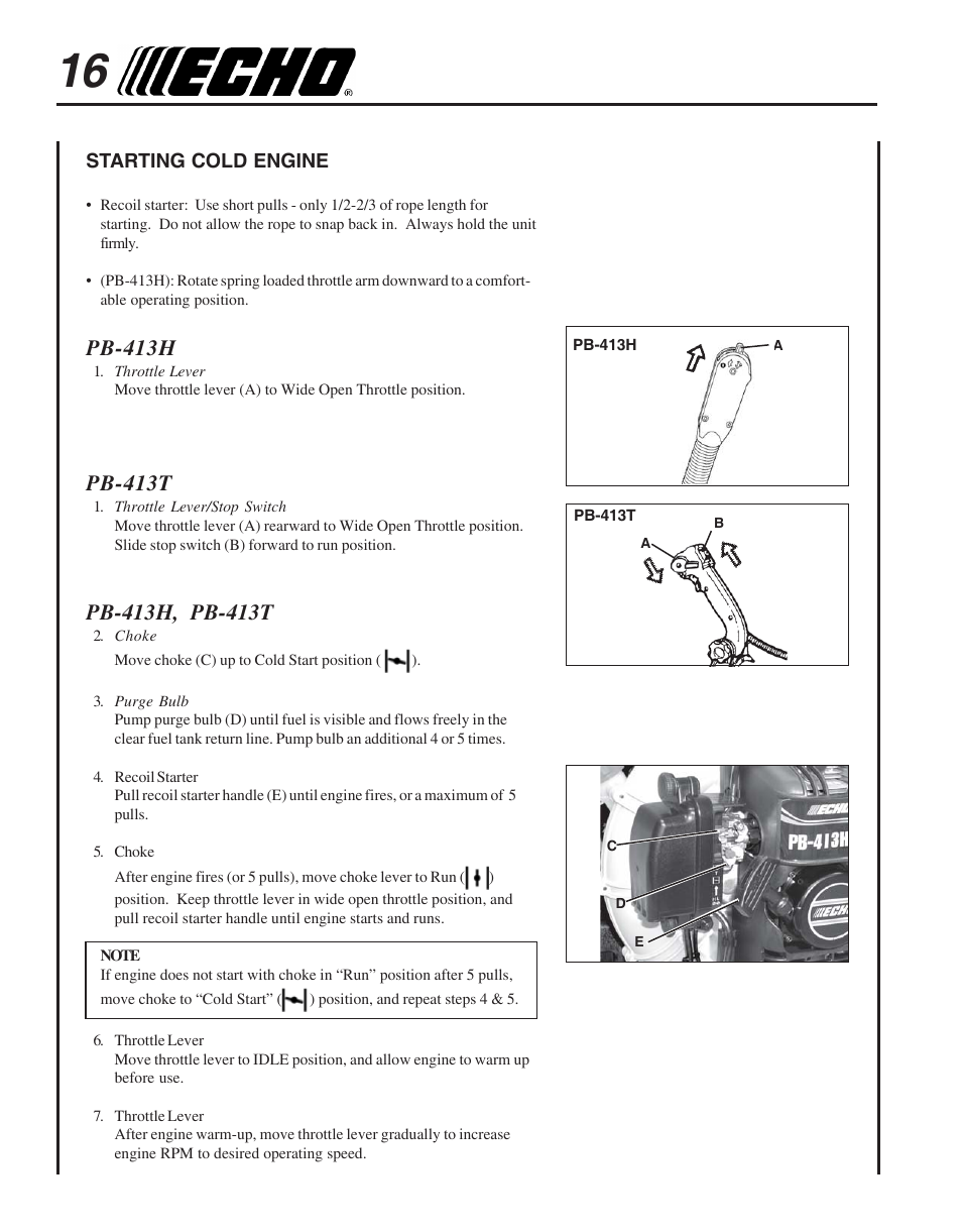 Starting cold engine, Pb-413h, Pb-413t | Echo PB-413H User Manual | Page 16 / 28