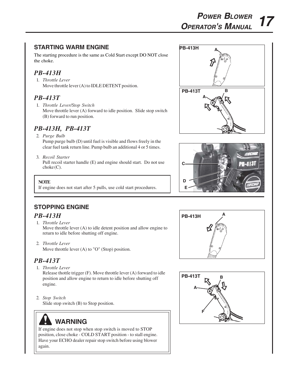 Starting warm engine, Stopping engine | Echo PB-413H User Manual | Page 17 / 28