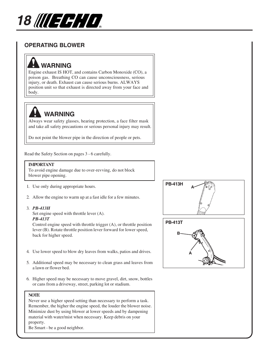 Operating blower, Warning | Echo PB-413H User Manual | Page 18 / 28