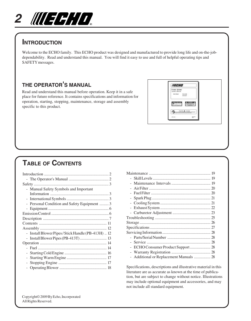 Echo PB-413H User Manual | Page 2 / 28