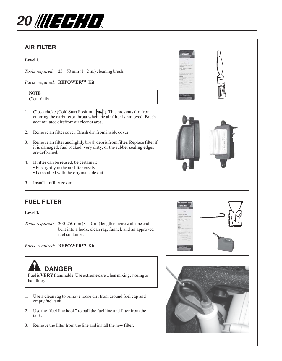 Air filter, Fuel filter, Danger | Echo PB-413H User Manual | Page 20 / 28