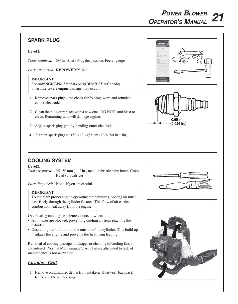 Spark plug, Cooling system | Echo PB-413H User Manual | Page 21 / 28