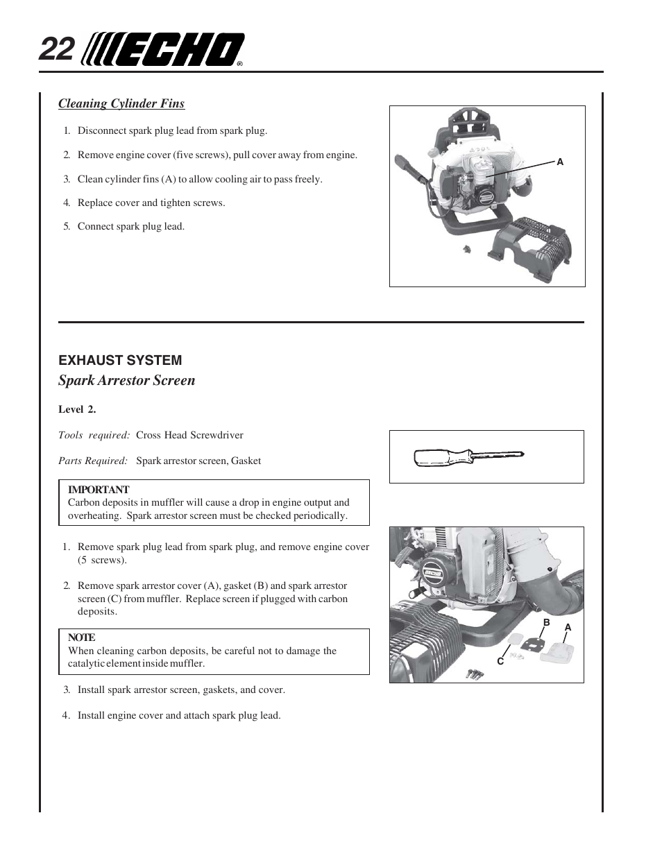 Exhaust system, Spark arrestor screen | Echo PB-413H User Manual | Page 22 / 28