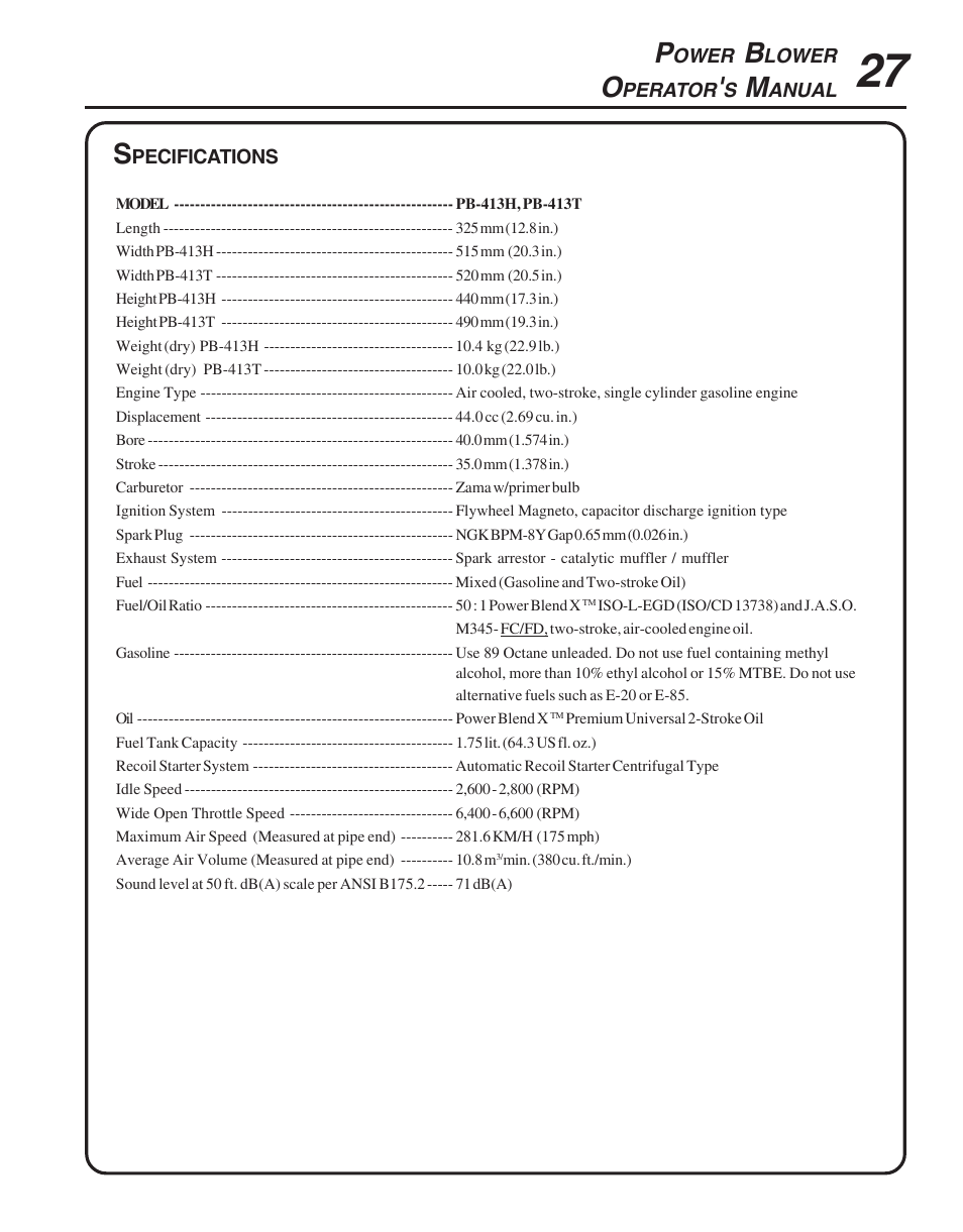 Specifications | Echo PB-413H User Manual | Page 27 / 28