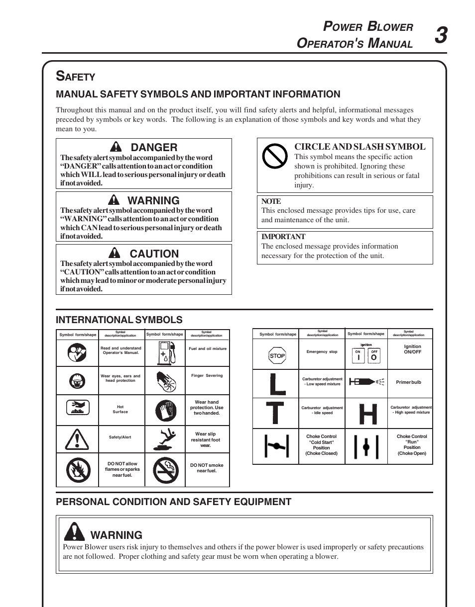 Safety, Warning, Caution | Danger, Ower, Lower, Perator, Anual international, Symbols, Personal | Echo PB-413H User Manual | Page 3 / 28